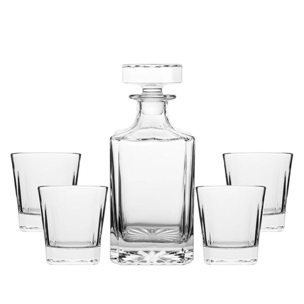 Novare Square Whiskey Decanter Bottle With 4 Whiskey Glasses Set